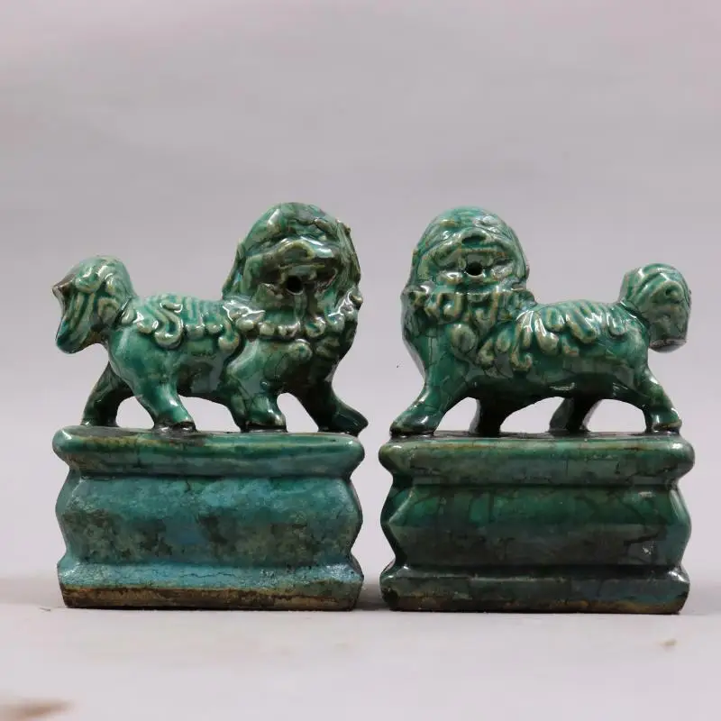 Starý Čínsky porcelán Malachit Zelené ručné lev socha Pár 8015