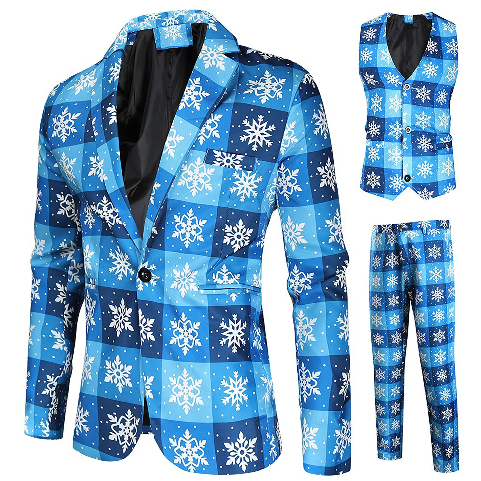 Pánske Oblek Slim Fit Vianočné Vyhovuje Koberčeky Snowflake Vytlačené Tri-dielna Sada Blejzre, Nohavice, Vesta Sady Prom Party Oblečenie