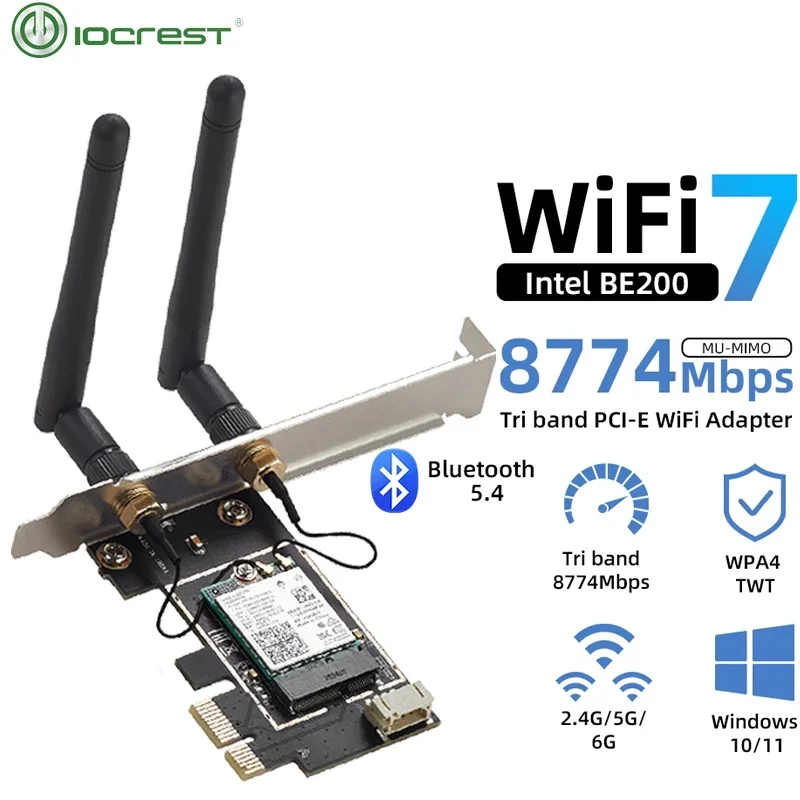 IOCREST Bezdrôtový WiFi 7 Intel BE200 PCI-E Sieťová Karta Bluetooth 5.4 Tri Pásmo 2.4 G&5G&6GHz 8774Mbps BE200NGW Čip 802.11 byť